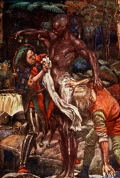 Zobaczyli człowieka zwanego Fool oraz drugiego zwanego Want-Wit, myjących człowieka, który przybył z kraju, gdzie wszyscy mężczyźni byli czarni, ilustracja z „The Pilgrim